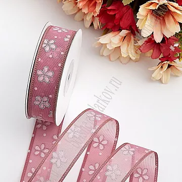 Лента из органзы "Цветочки с блестками. Пенка", 2,5 см, 1 м