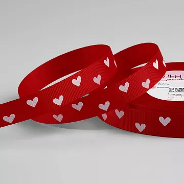 Лента репсовая "Красная. Сердечки", ширина 1,5 см, длина 1 м (АртУзор)