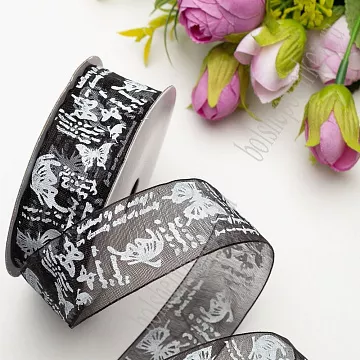 Лента из органзы "Бабочки черные", 2,5 см, 9 м