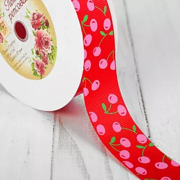 Лента репсовая "Вишня", цвет красный, ширина 2,5 см, длина 90 см