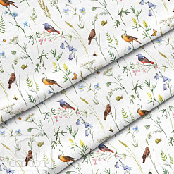 Отрез ткани 79х50 см "Птички в колокольчиках" (Cotton)