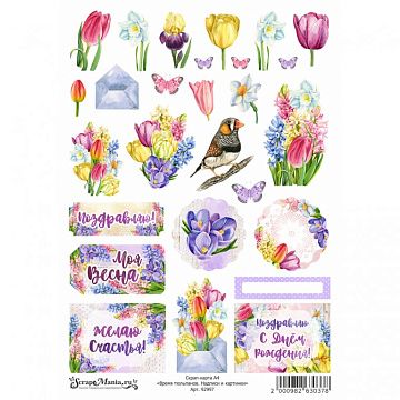 Скрап-карта А4 "Время тюльпанов. Надписи и картинки" (ScrapMania)